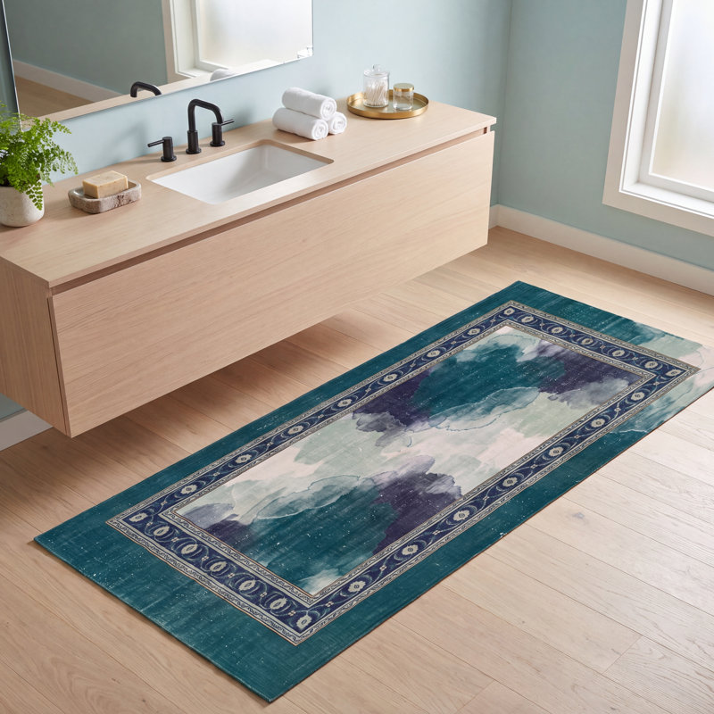 Tapis Calloway moderne à l'aspect vieilli, aquarelle abstraite, bleu sarcelle et blanc, lavable en machine, antidérapant, à poils courts, pour l'intérieur et l'extérieur, adapté aux animaux domestiques, idéal pour le salon, la chambre, la salle à manger, l'entrée, le couloir ou le bureau.