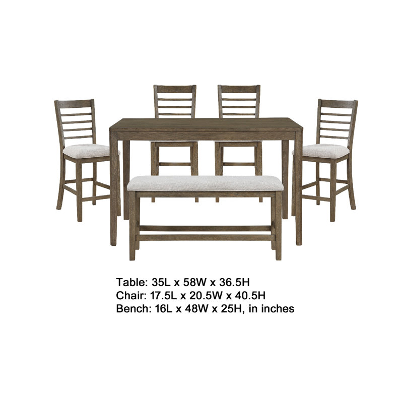 Emy 6Pc Counter Height Table Set, 4 White Chairs, Bench, Light Brown