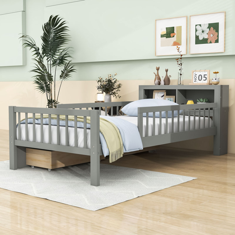 Lit plateforme simple en bois avec 2 tiroirs et tête de lit, gris