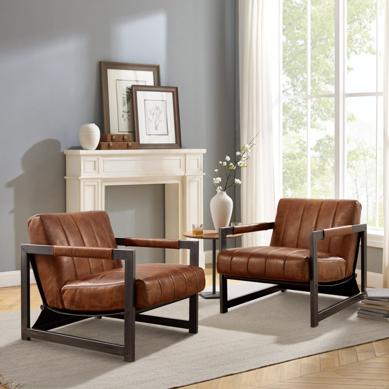 Pascual 26.75'' W Genuine Leather Accent Lounge Arm Chair, Distressed Cognac Genuine Leather
