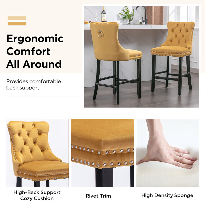 Velvet Upholstered Bar Stool with Button Tufted Back, Bar Chairs,Bar stools, Set of 2, Yellow