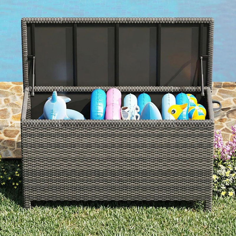 Boîte de rangement moyenne pour l'extérieur en osier, coffre de rangement pour patio en rotin PE avec structure en acier, boîte de rangement compacte pour coussins, jouets et articles d'extérieur - Osier brun