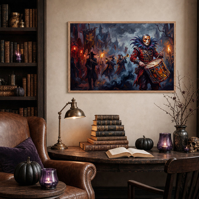 Tableau mural sur toile représentant un batteur masqué et des feuilles d'automne, idéal pour l'Halloween, H 32 po x l 48 po