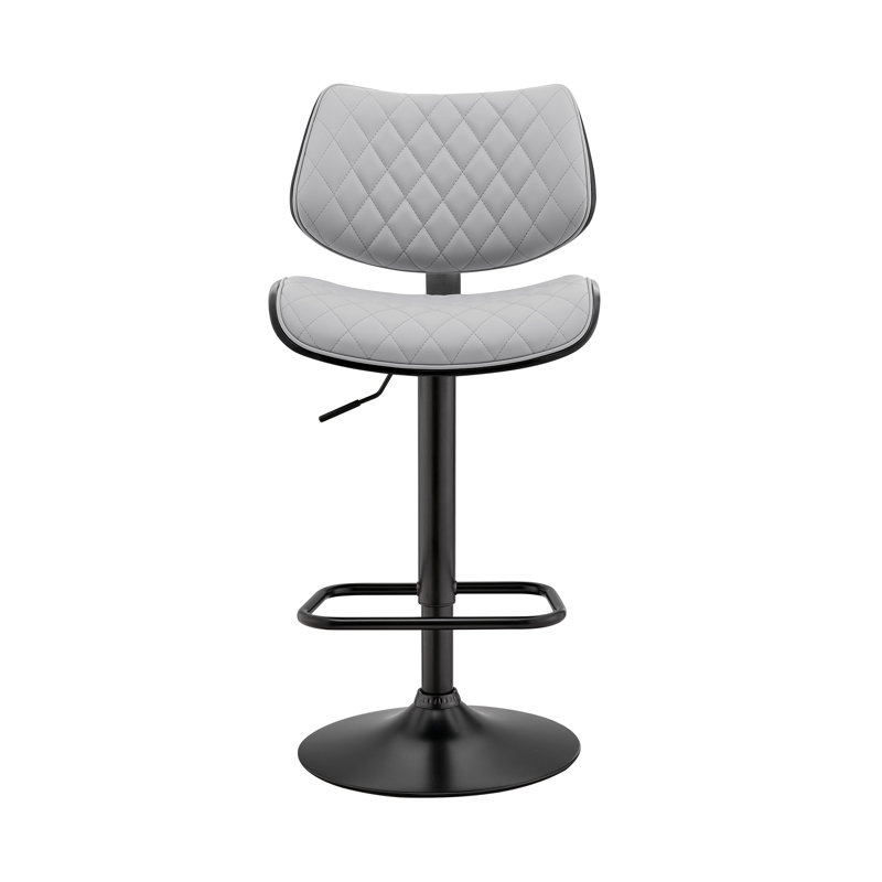 Attie Swivel Adjustable Height Armless Bar Stool with Pedestal Base in Faux Leather and Metal, Gray, Matte Black