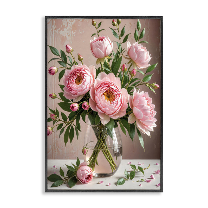 Élégantes pivoines dans un vase, estampe numérique encadrée par Yuri Khrushch, Giclée encadrée noir minuit, H 24 po x l 16 po