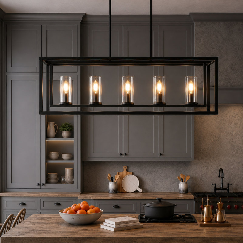 Lustre linéaire rectangulaire en aluminium pour îlot de cuisine 5 lumières 42 po (l) 42 po, Noir mat
