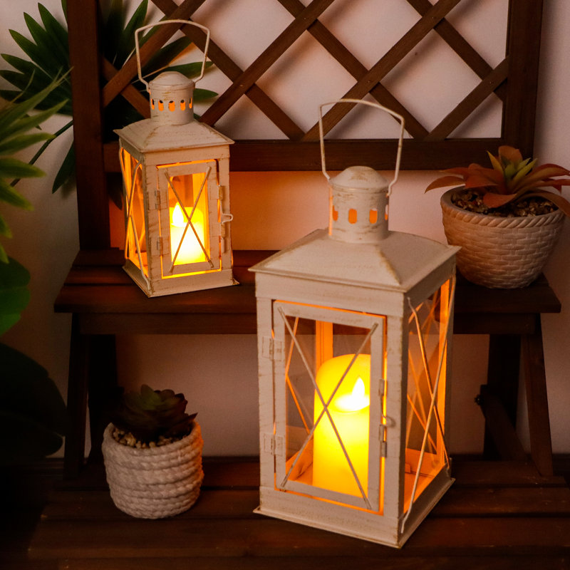Ensemble de 2 lanternes décoratives en métal de 12 po et 8 po de hauteur, Blanc