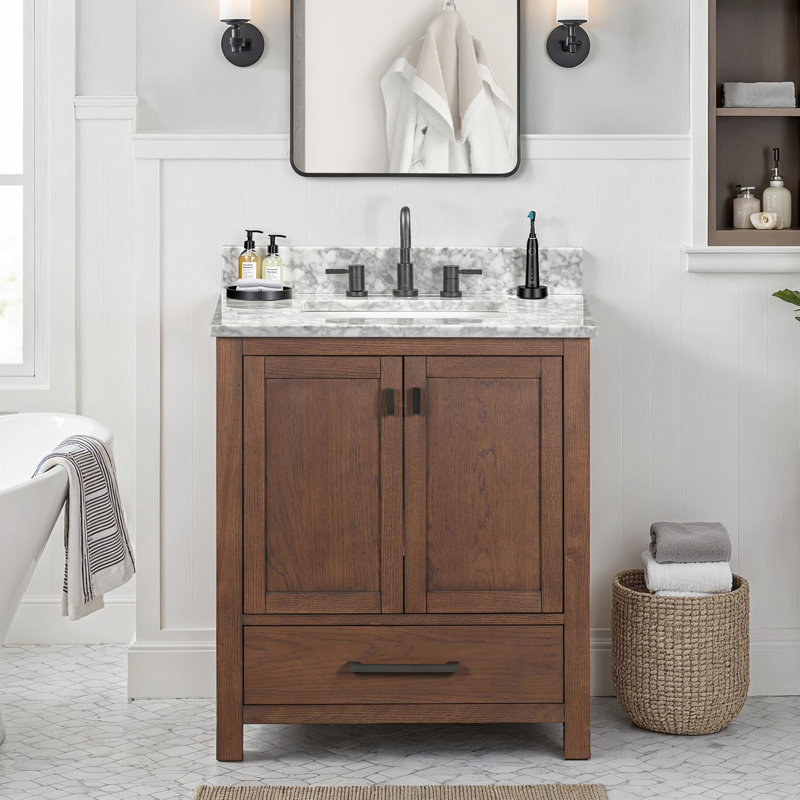 Meuble-lavabo simple 30 po avec plateau Souther, Marbre blanc de Carrare, Marine, Doré
