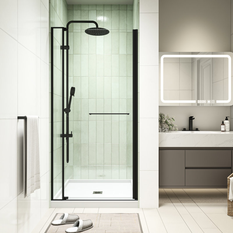 Porte de douche de 32 à 36 po x H 72 po avec pivot universel, finition noire matte, composants en acier inoxydable 304, dispositif d'arrêt des fuites, fermeture magnétique, canal mural réglable, réglage large de 4 po, rapide