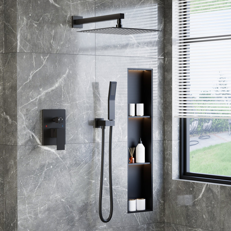Système de douche de salle de bain, pomme de douche à pluie de 12 pouces avec douchette à main et valve à pression équilibrée, pomme de douche murale et ensemble de poignée