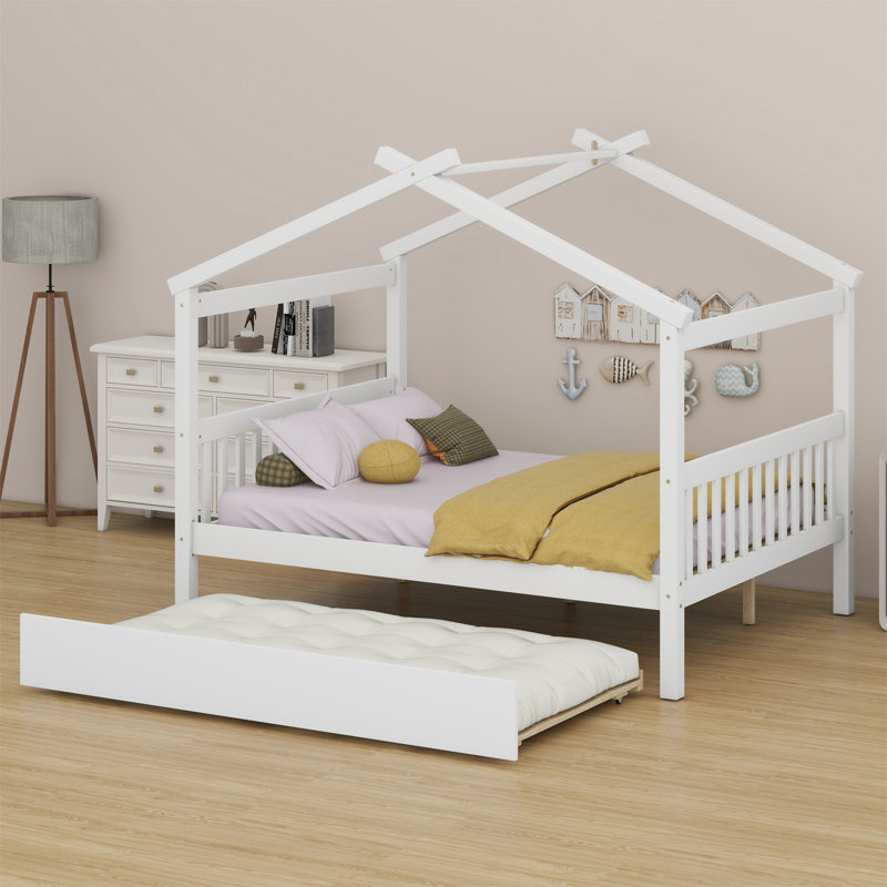 Wooden House Bed With Trundle, White