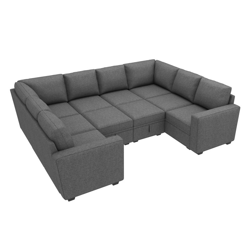 Abramson U Shaped Sectional Sofa With Storage, Gray Polyester