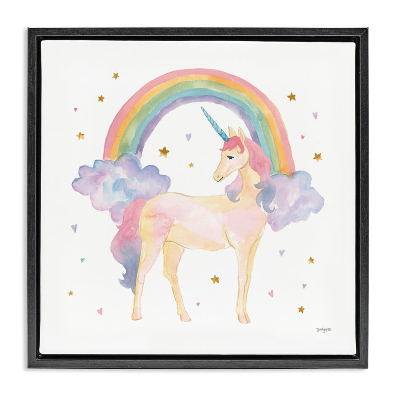 Aquarelle de licorne pour enfants, H 18 po x l 18 po, Cadre flottant noir de jais
