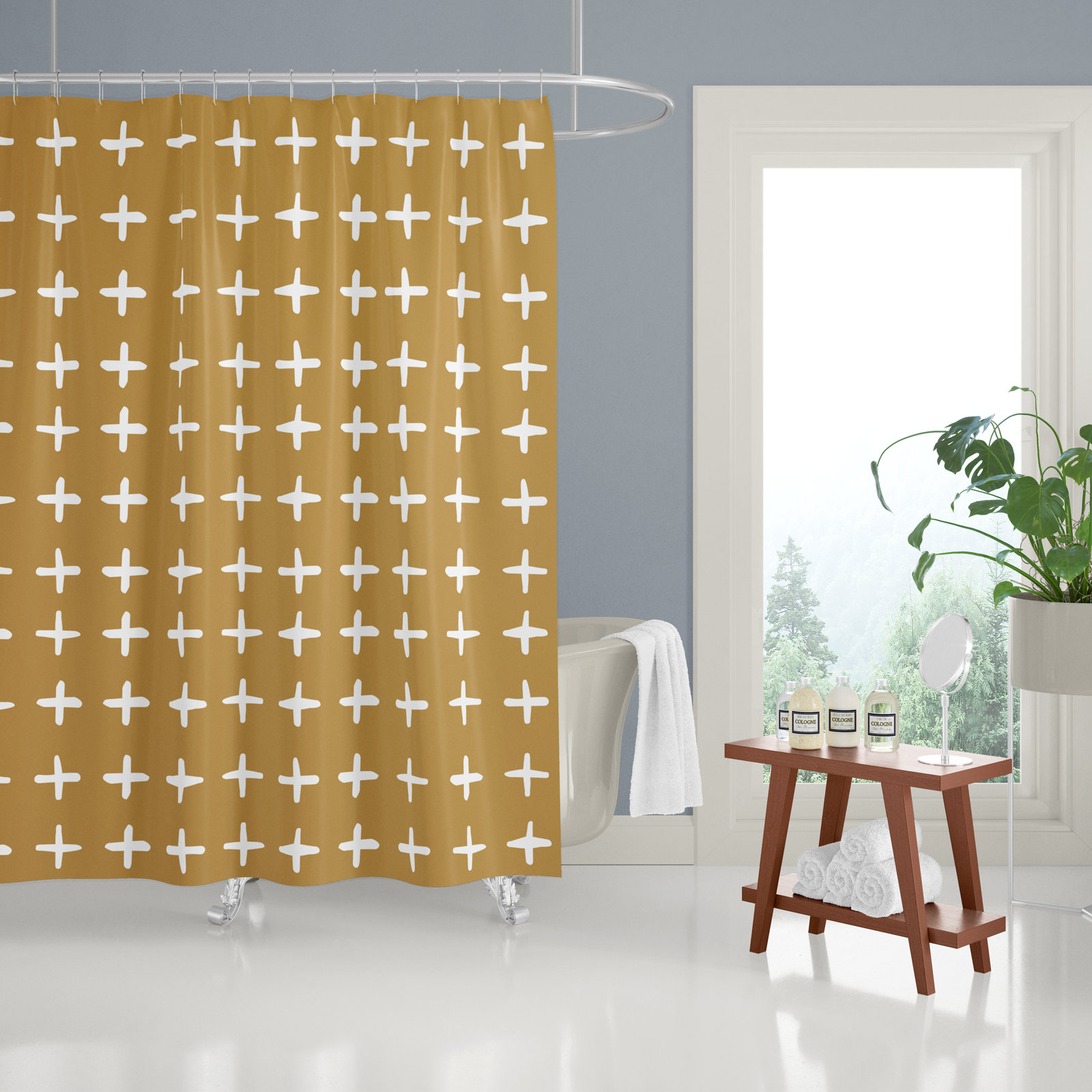 Polyester Shower Curtain, Mustard/White