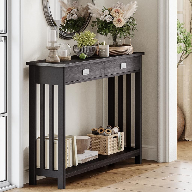 Black MDF Narrow Console Table with Drawer and Storage Shelf