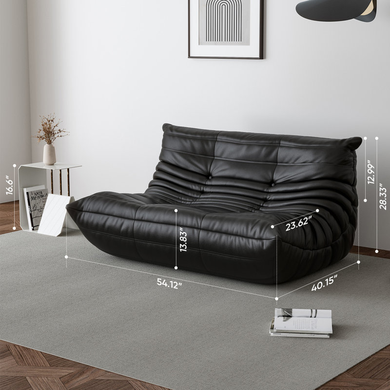 Microfiber Leather Standard Bean Bag Chair and Lounger Loveseat, 54" X 28,33" X 40.15", Black Faux Leather