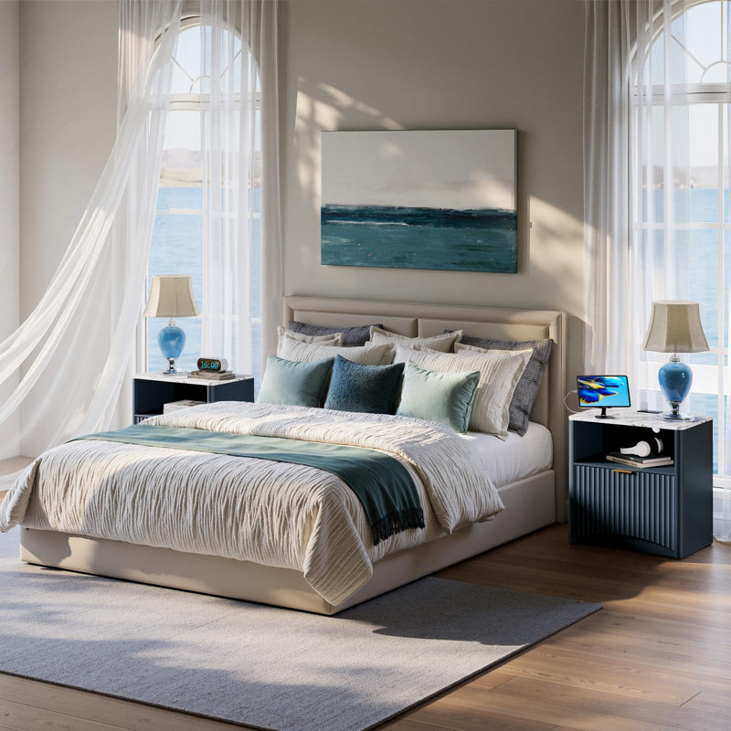 Ensemble de 2 tables de chevet cannelées avec station de charge, table de chevet avec tiroir et rangement, grande table de chevet pour chambre à coucher