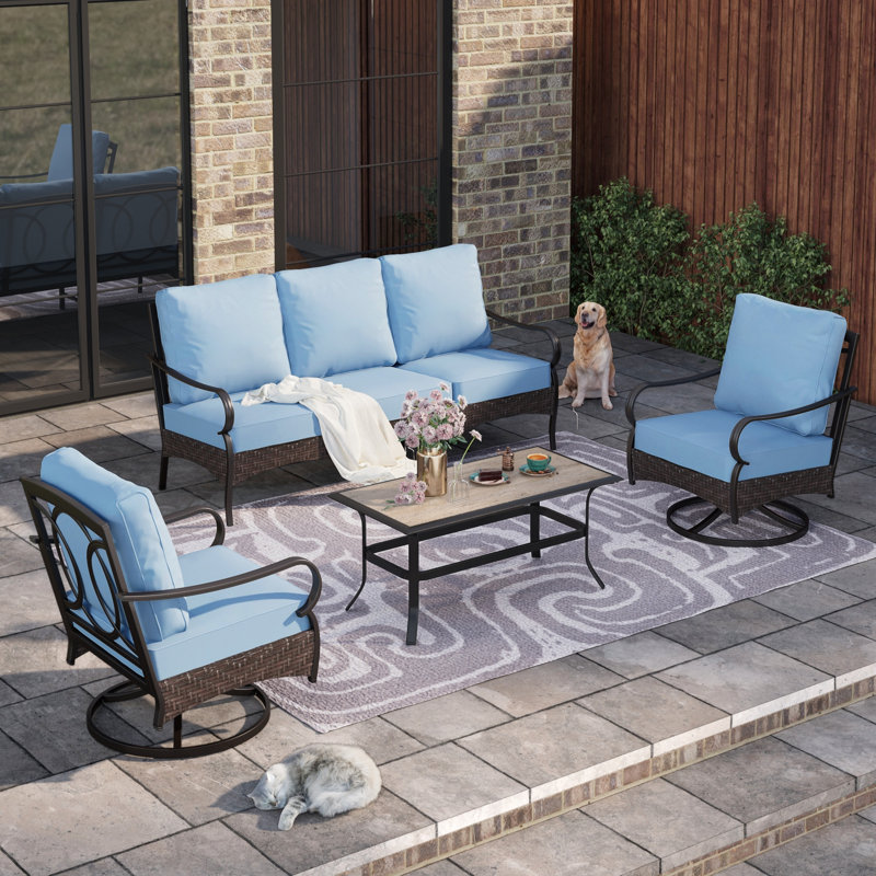 Argyri 5-Person Swivel Rocking Powder Coated Steel Patio Conversation Set, Blue
