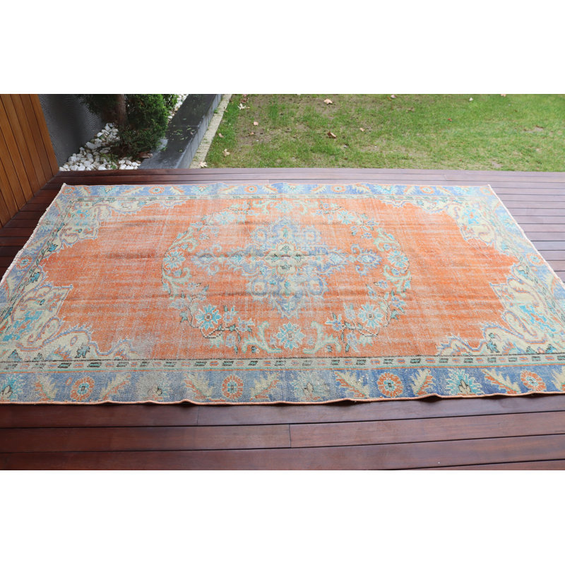 Tapis turc rétro fait à la main en motif médaillon orange pour décoration de maison bohémienne