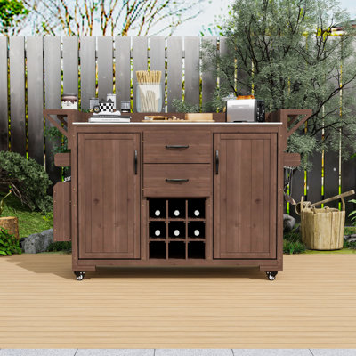 Outdoor Fir Wood Kitchen Cart with Stainless Steel Top, Wine Rack, Adjustable Shelves and Wheels