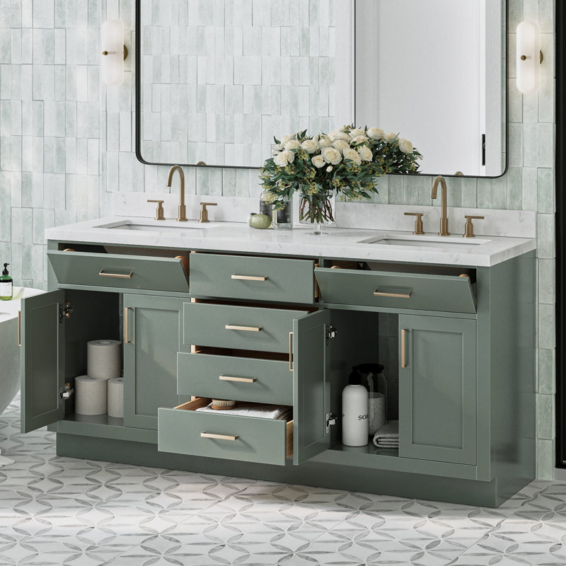 Ariel Hepburn 72 In. Double Sink Base Cabinet, Vintage Green, Satin Brass