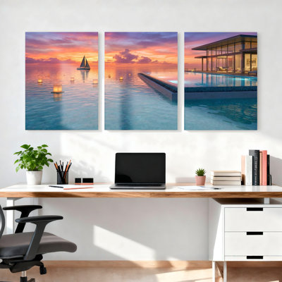 Ensemble de 3 tableaux sur toile représentant un voilier au coucher du soleil et une piscine moderne