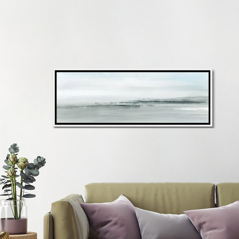 Abstrait aquarelle côtière en bleu doux - panoramique, reproduction d'art encadrée, H 16 po x l 48 po, Blanc