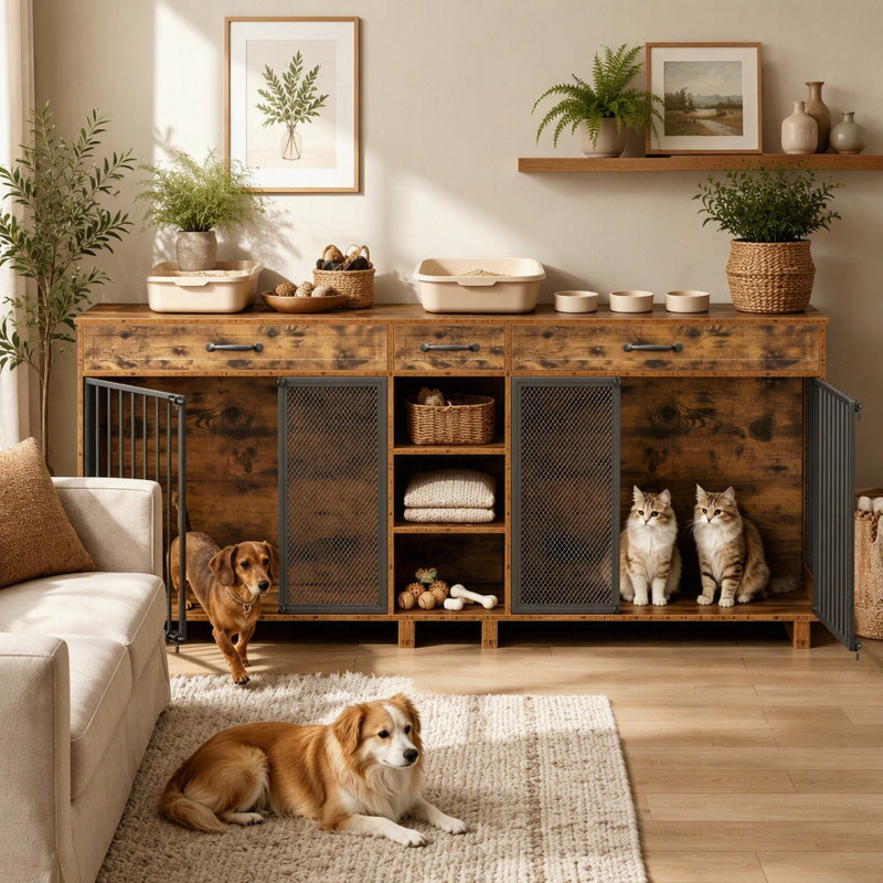 Grande cage pour chien en bois à double chenil avec tiroirs et tablettes de rangement, mobilier pour animaux multifonctionnel