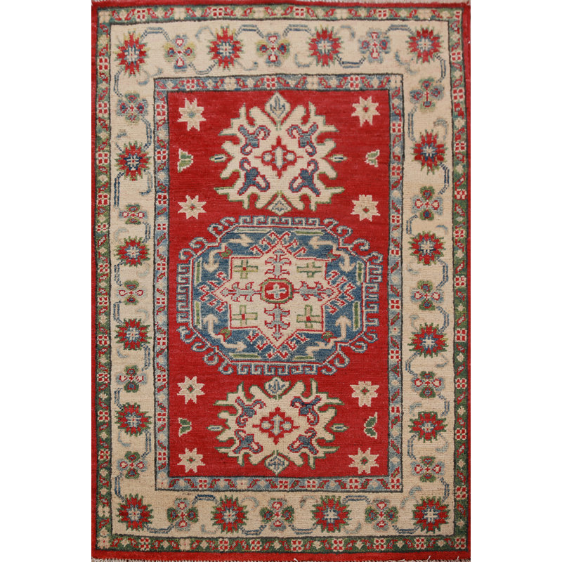 Tapis rouge en laine fait à la main Kazak 3 x 4