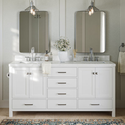 Flynt 73'' Solid Wood Double Bathroom Vanity in White, with 0.75'' Carrara Marble Top, Center, Rectangle Sink