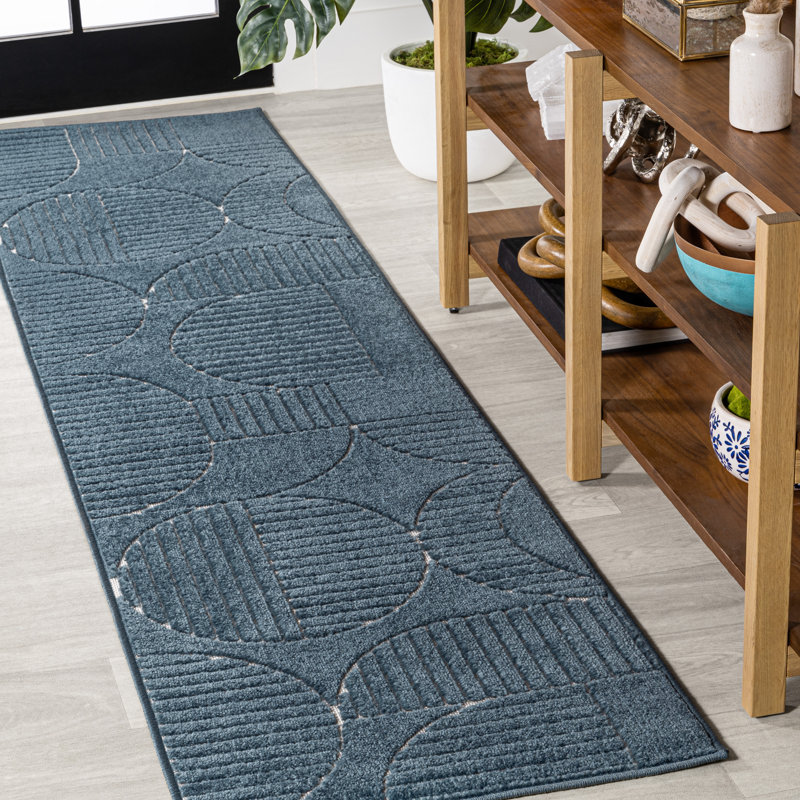 Nordby High-Low Geometric Arch Scandi Striped Navy/Cream Indoor/Outdoor Rug, Runner 2' x 8'