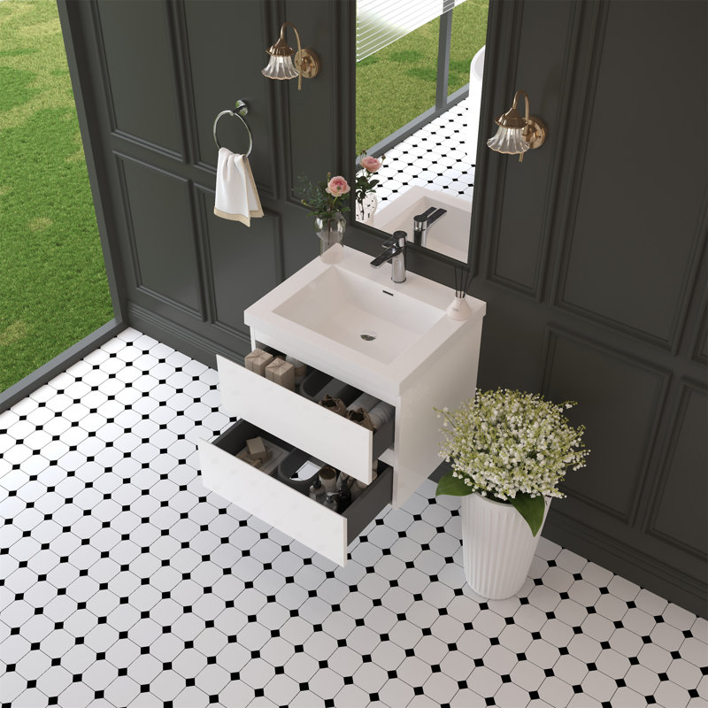 24" Floating Bathroom Vanity With Sink, Glossy White, 24"