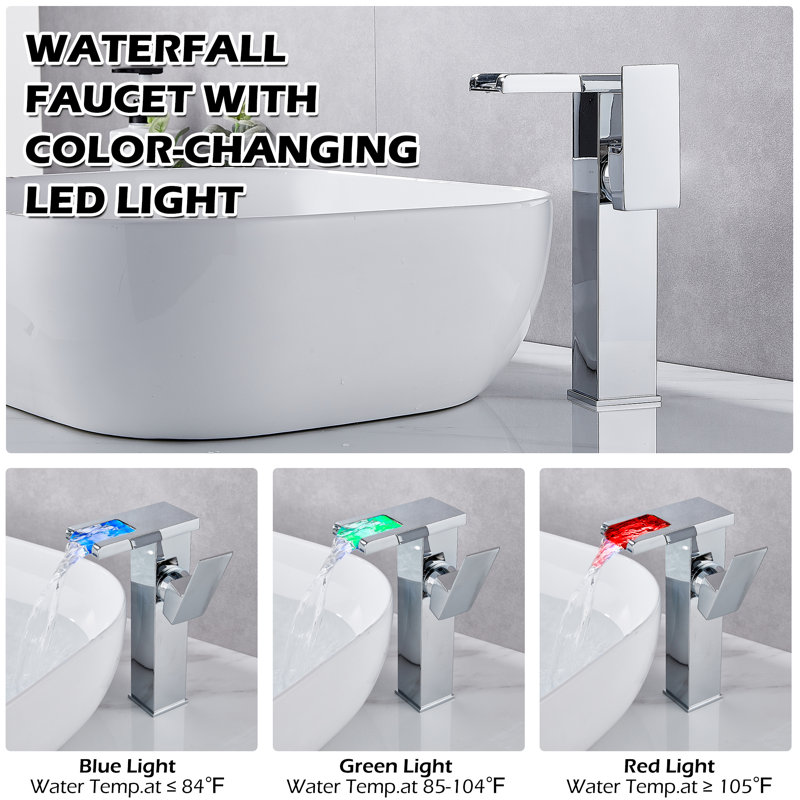 Chrome LED Waterfall Bathroom Vessel Sink Faucet with Pop-Up Drain