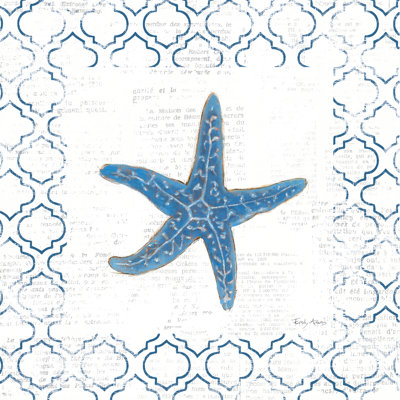 Navy Starfish On Newsprint 1 Piece Wrapped Canvas Wall Art