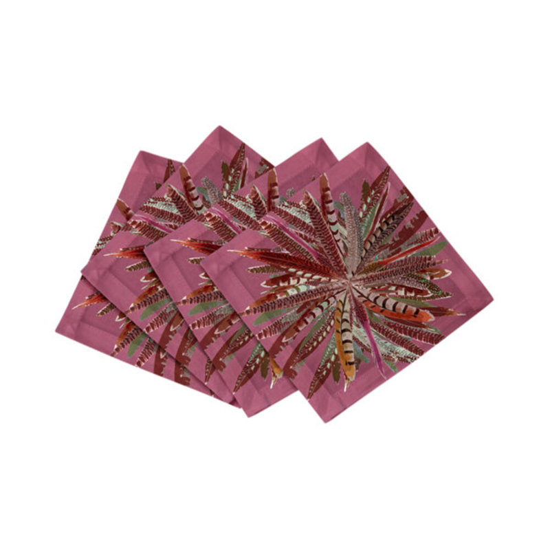 Pheasant Feathers Cotton Sateen Cocktail Napkins, Mauve