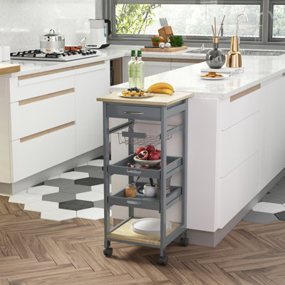 Chariot de service mobile à roulettes pour îlot de cuisine avec tiroir inférieur et panier de rangement coulissant, gris, îlot de cuisine