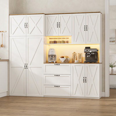 Klahr 71" Tall Kitchen Pantry With Led Lights And Charging Station, 10 Doors, 9 Adjustable Shelves, 10 Door Shelves, 3 Drawers
