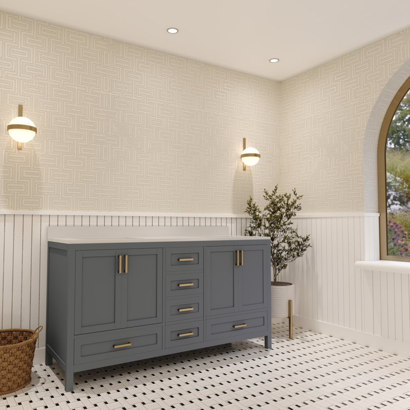 Rooh 60 " W Freestanding Standard Free Standing Single Double Vanity Bathroom Vanity With White Quartz Top, Gray