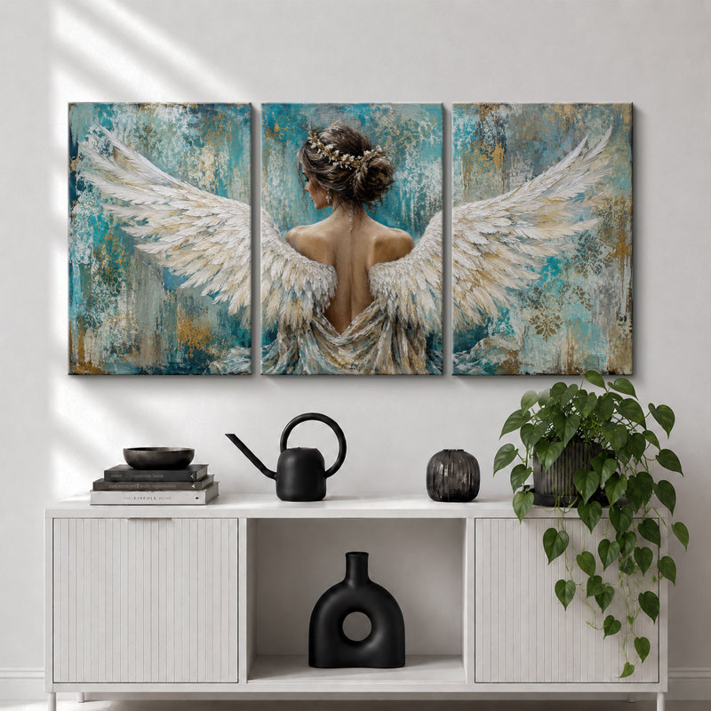 «Teal Angel Woman Winged», reproduction d'art sur toile encadrée, art mural, H 36 po x l 72 po x P 1,5 po, Toile tendue