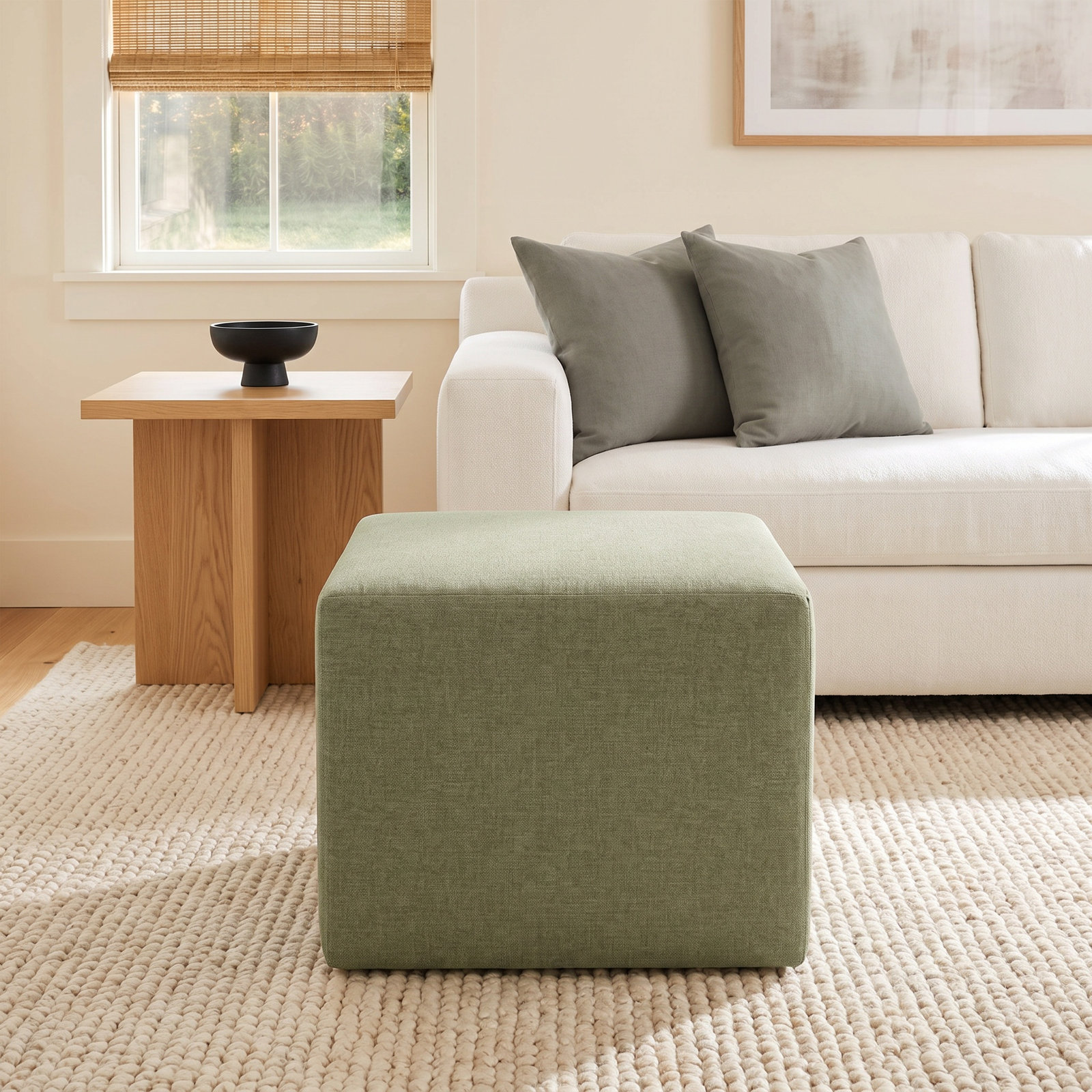 Bence Upholstered Ottoman, Zuma Laurel Textured Linen