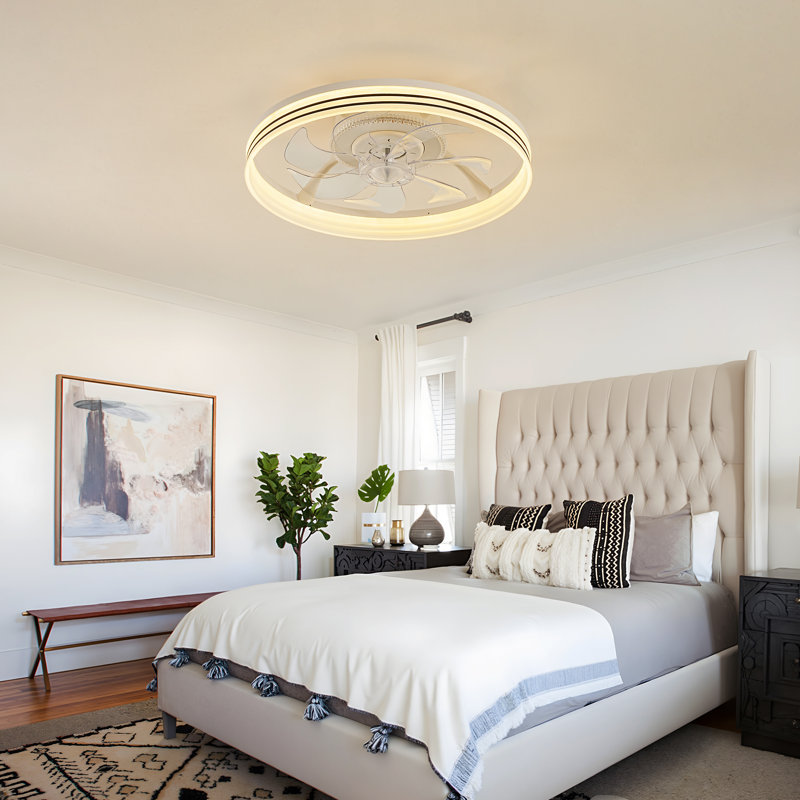 Ventilateur de plafond moderne blanc 18,8 po avec lumière à DEL à intensité variable et télécommande, ventilateur encastré à profil bas pour le salon de la chambre à coucher