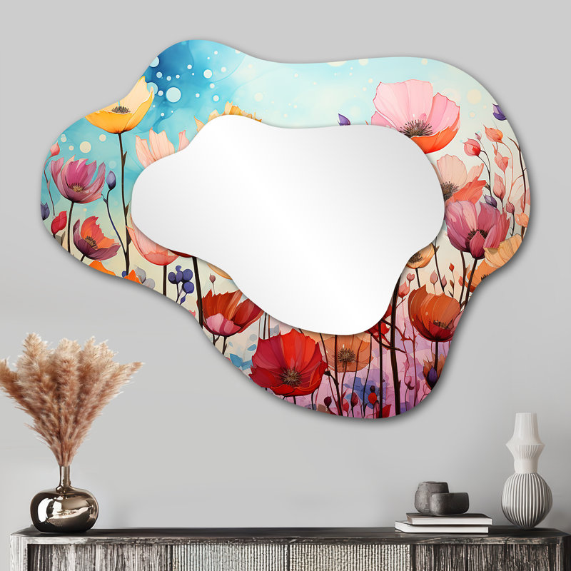 Été champ de fleurs coquelicots - miroir nuage coquelicot, miroir décoratif asymétrique orange, impression sur métal