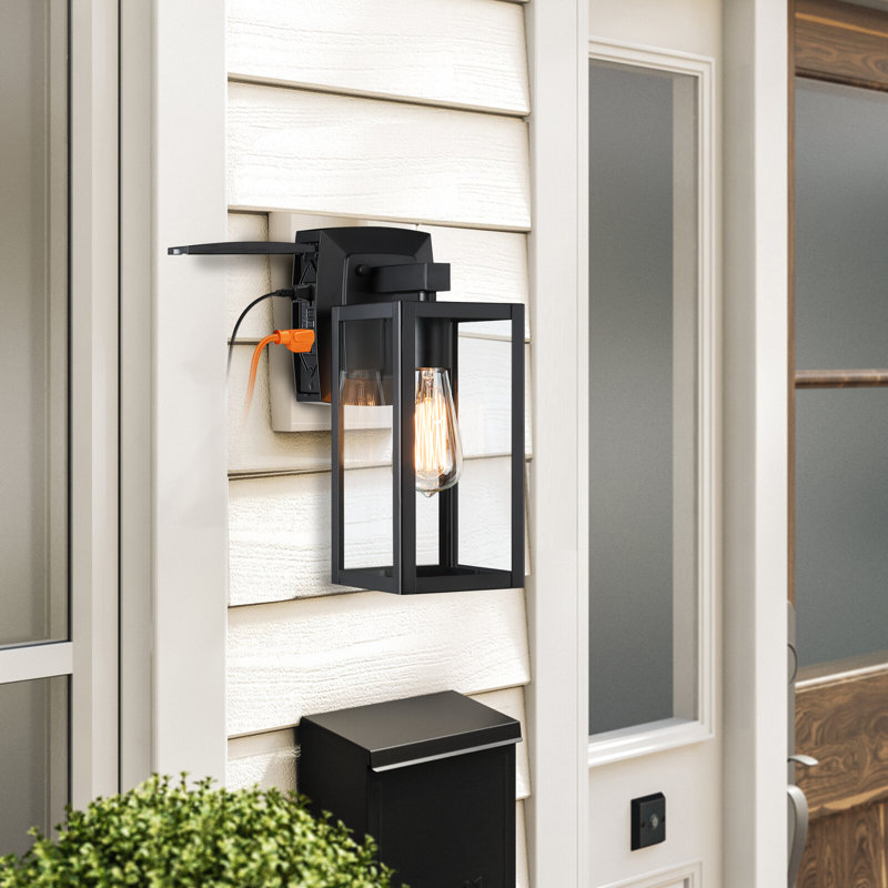 Matte Black Outdoor Wall Lantern Sconce with GFCI Outlet, 13" H x 5" W x 8" D