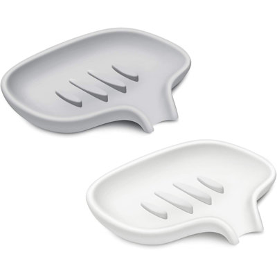2 Pack Silicone Soap Dish With Drain Tray White & Gray