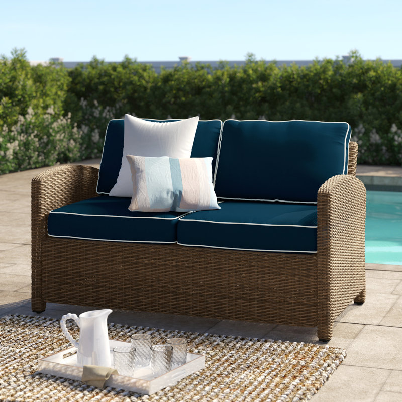 55'' Wide Metal Loveseat with Cushions, Navy, Brown