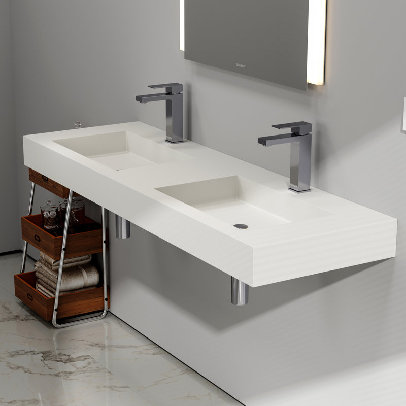 Lavabo de salle de bain mural double 59 po Medunjess, surface solide blanc mat, double lavabo mural, Robinets à monotrou