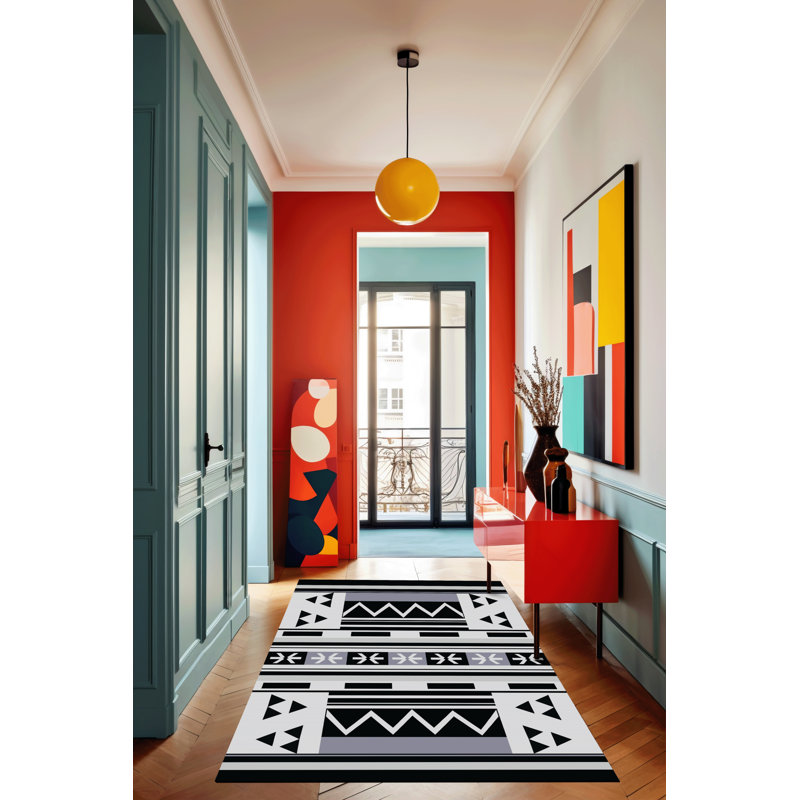Tapis décoratif moderne à motif géométrique noir et beige, Tapis de couloir 3 pi 3,37 po x 6 pi 6,74 po