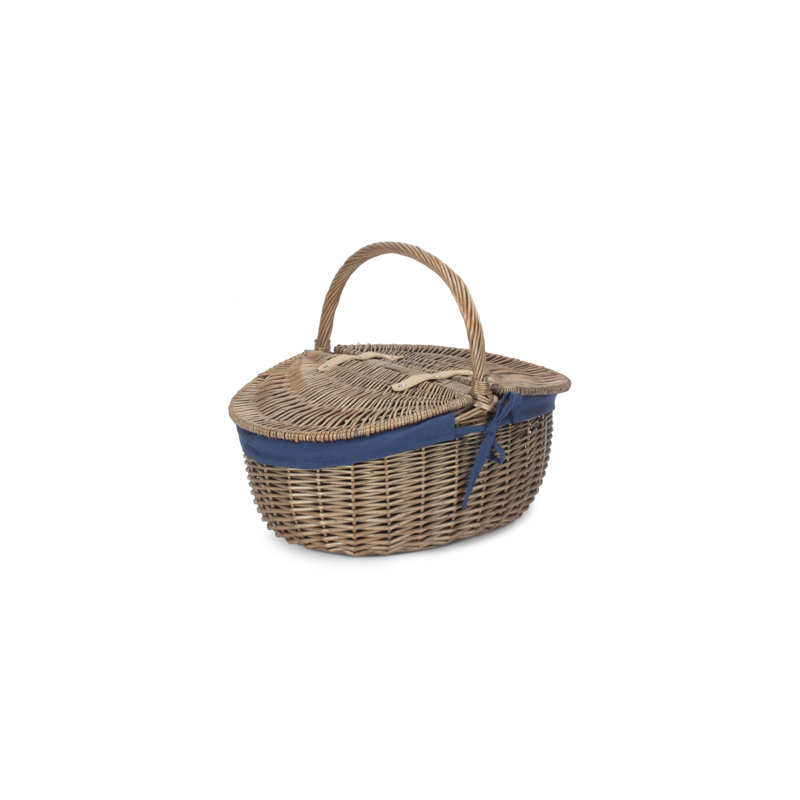 Wicker Lidded Picnic Hamper Basket with Lining,  Antique Wash 