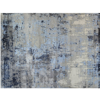 Tapis unique noué à la main argenté / gris / bleu de 9 pi x 11 pi 11 po