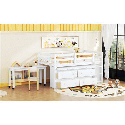 Lit mezzanine avec bureau d'écriture rétractable et 4 tiroirs, lit plateforme avec tablettes